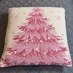 100% Wool Pink Christmas Tree Hook Pillow with Cream Velvet Backing NEW